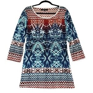 Calessa Tunic Top Womens Medium Multicolor Stretchy Artsy Boho Chic Hippie
